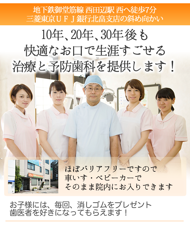 
地下鉄御堂筋線 西田辺駅 西へ徒歩7分
三菱東京ＵＦＪ銀行北畠支店の斜め向かい
 
10年、20年、30年後も
快適なお口で生涯すごせる
治療と予防歯科を提供します！
 
　
 
ほぼバリアフリーですので
車いす・ベビーカーで
ヘッド
そのまま院内にお入りできます
 
 
お子様には、毎回、消しゴムをプレゼント
歯医者を好きになってもらえます！
 